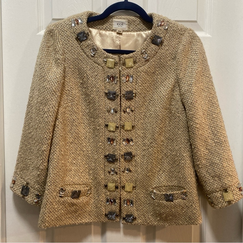 ECI Beige Tweed Blazer with Embellishments